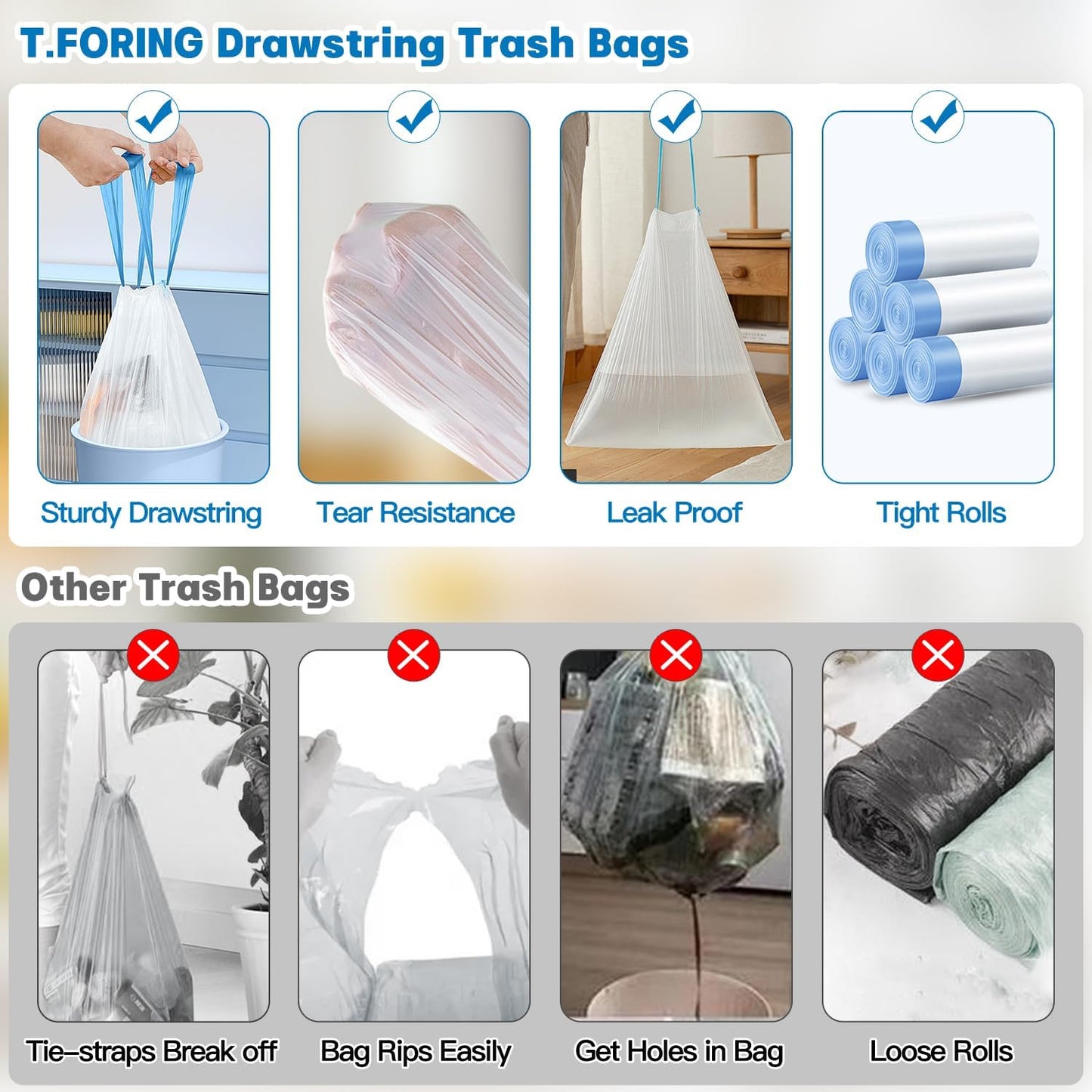 2 Gallon Trash Bags Drawstring 0.96 Mil - 120 Count Small Garbage Bags Unscented,White Mini Trash Can Liners Strong Little Waste Basket Bags 7.5 Liter for Home Bathroom Office Car