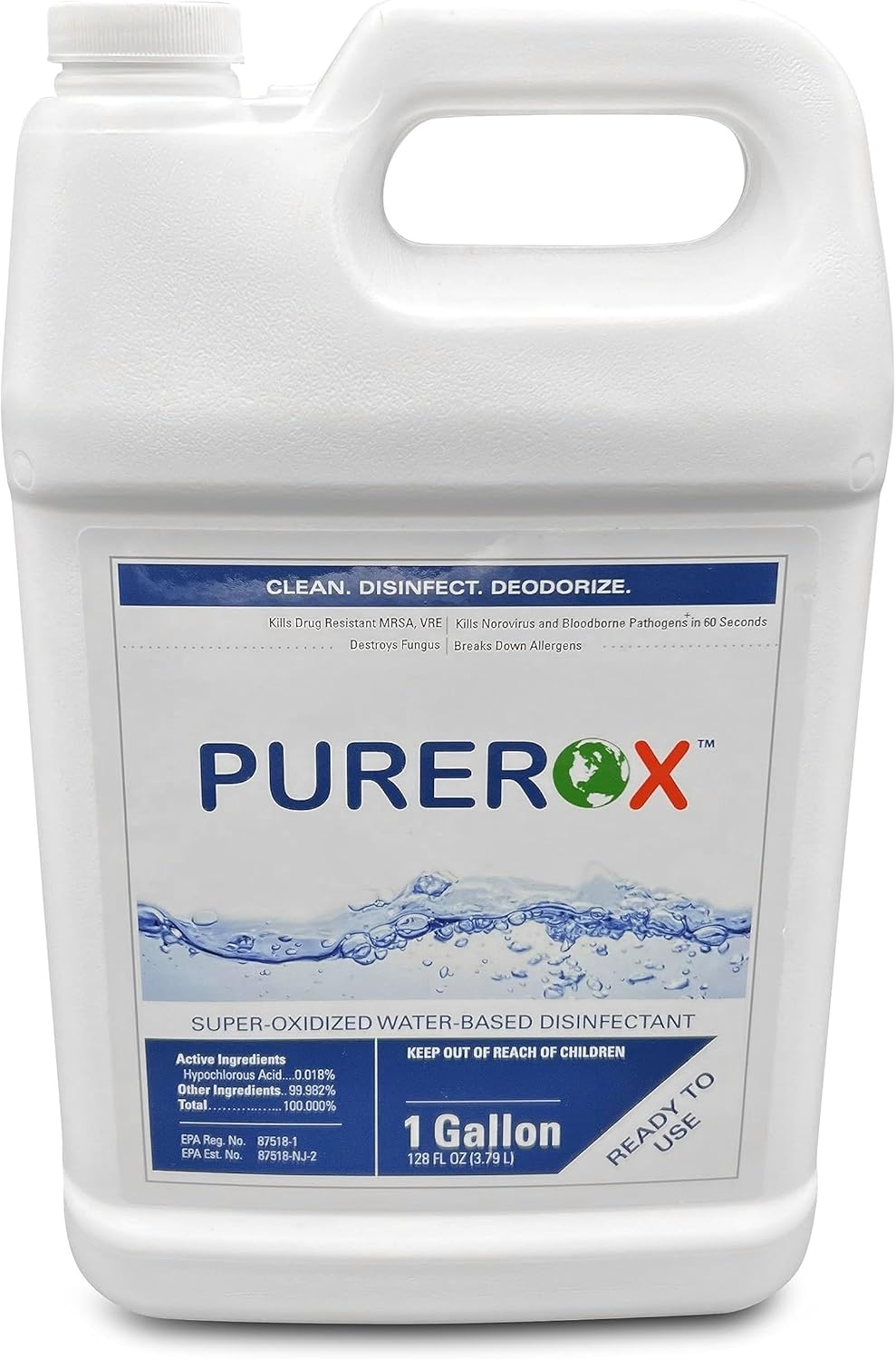 disinfectant (1 gallon) Eliminate 99.9999% viruses, Norovirus, HIV, MRSA and fungi. PUREROX Hypochlorous technology. Hospital Grade. Use Anywhere. No residue.No Rinse. Suitable All Surfaces