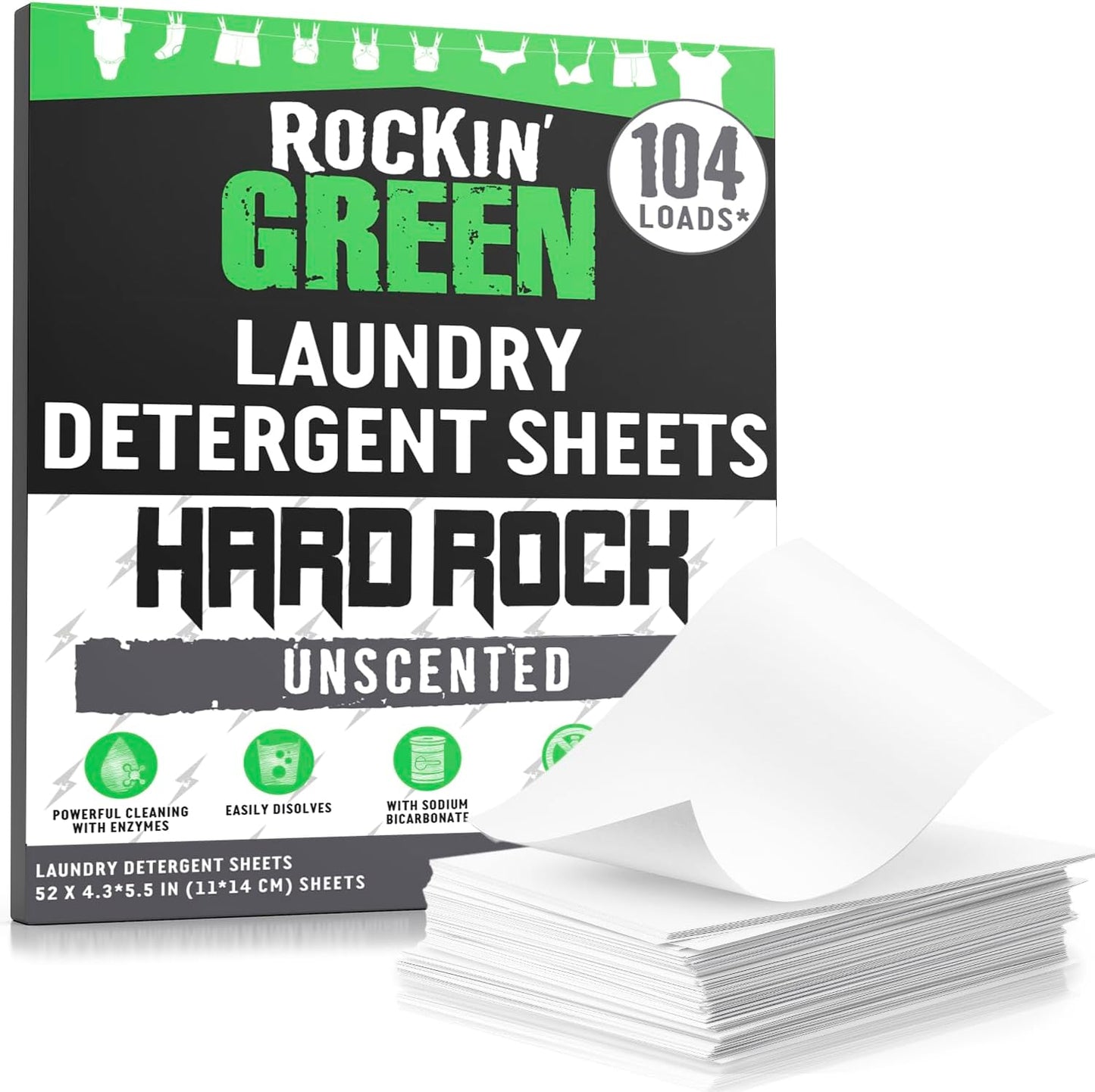 Rockin' Green Hard Rock Travel Laundry Detergent Sheets for Hard Water - Mess-Free Laundry Sheet Detergent with Sodium Bicarbonate - Easily Dissolvable Laundry Soap Sheets (104 Loads, Unscented)