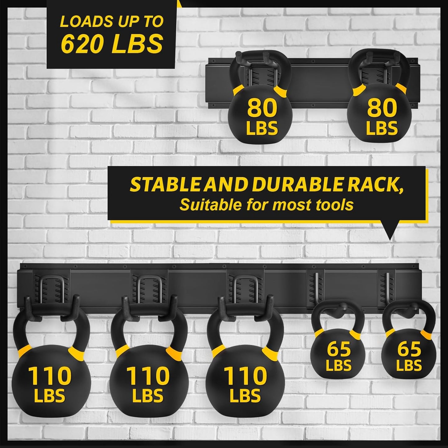 Garage Tool Organizer Wall Mount, 64 Inches Garden Tool Organizer with Adjustable Hooks, Metal Garage Storage Rack Max Loading 620lbs, Tool Holder for Hanging Rake Broom Mop Snowboard