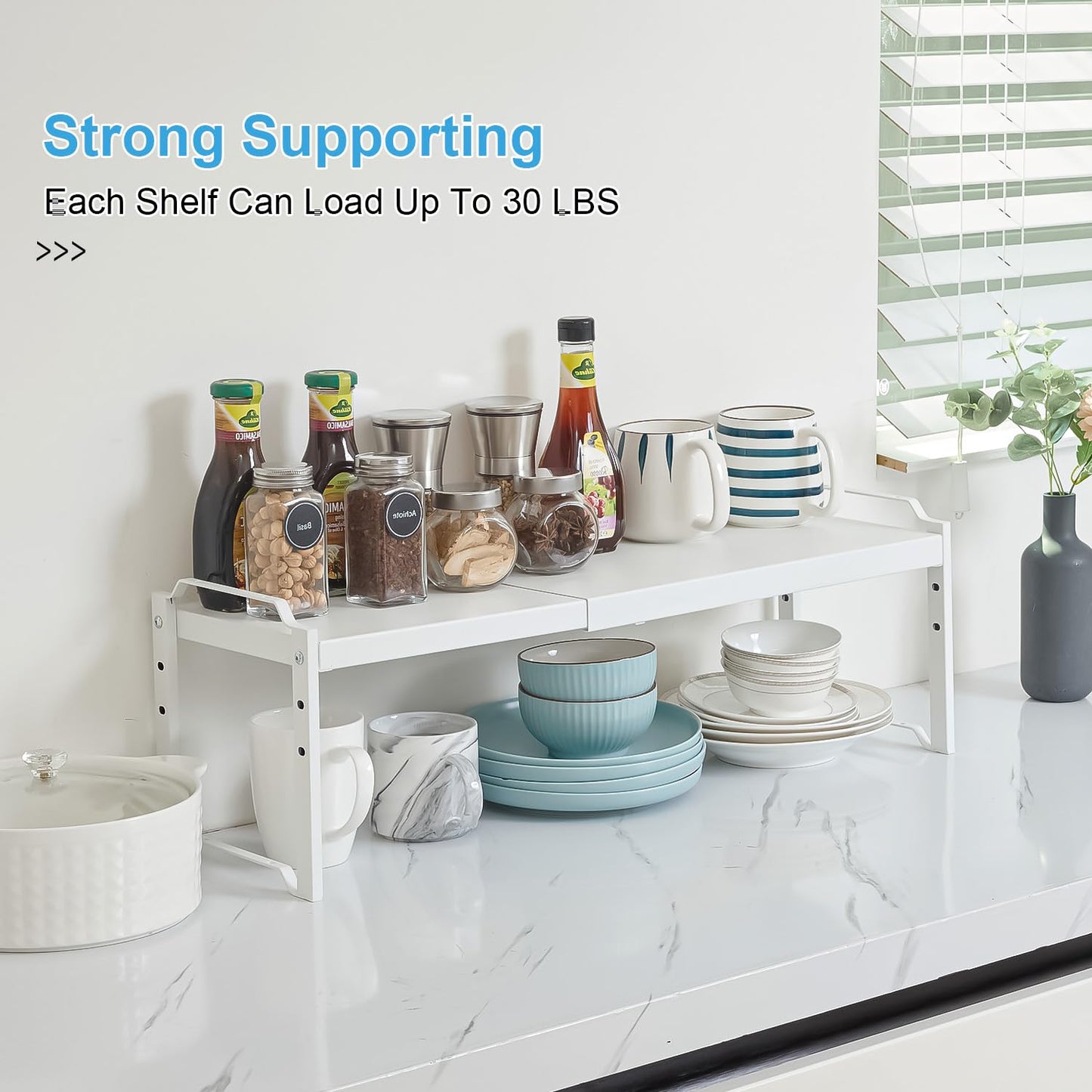 Set of 2 Expandable Kitchen Cabinet Shelves Organizers, Stackable Adjustable Small Storage Shelf
