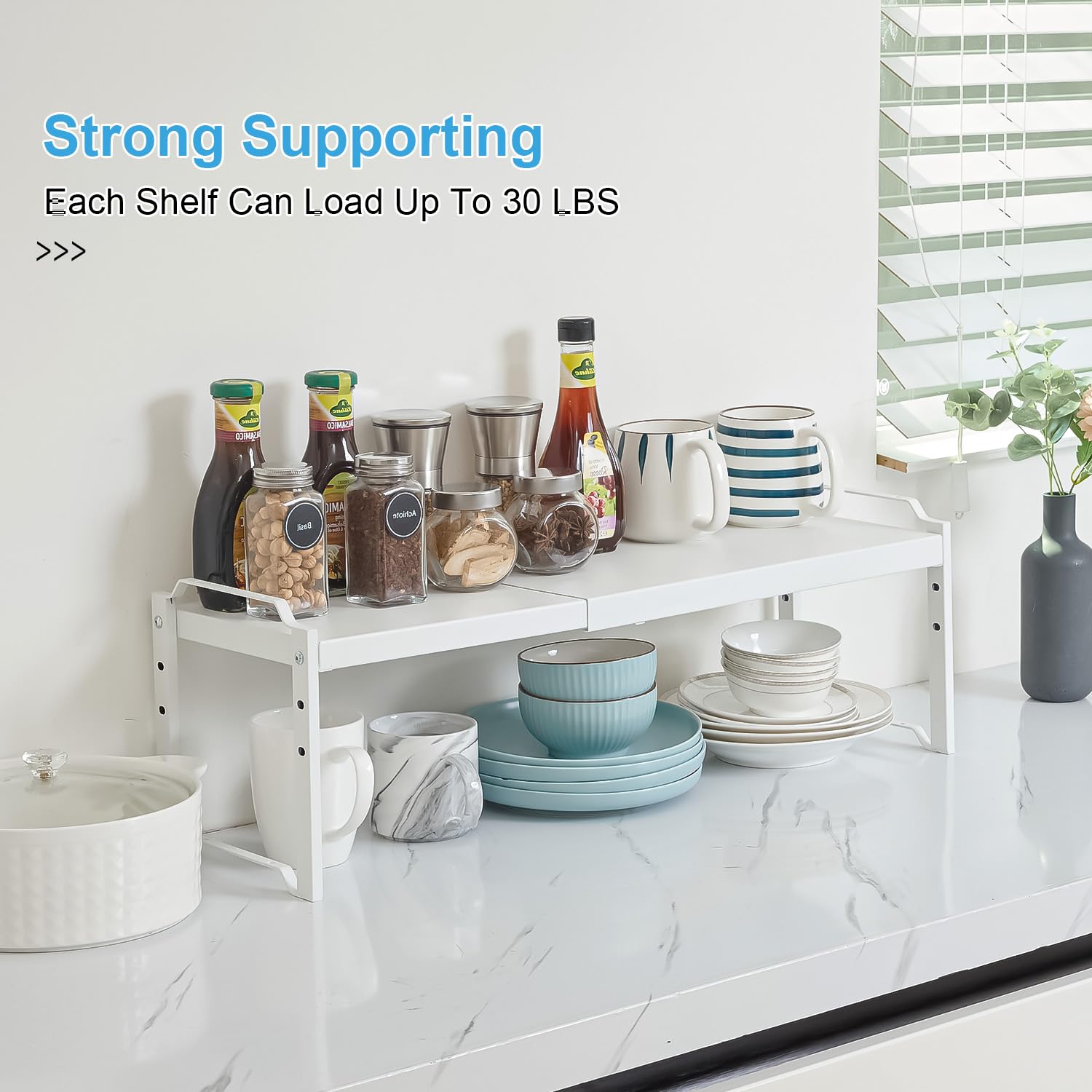 Set of 2 Expandable Kitchen Cabinet Shelves Organizers, Stackable Adjustable Small Storage Shelf