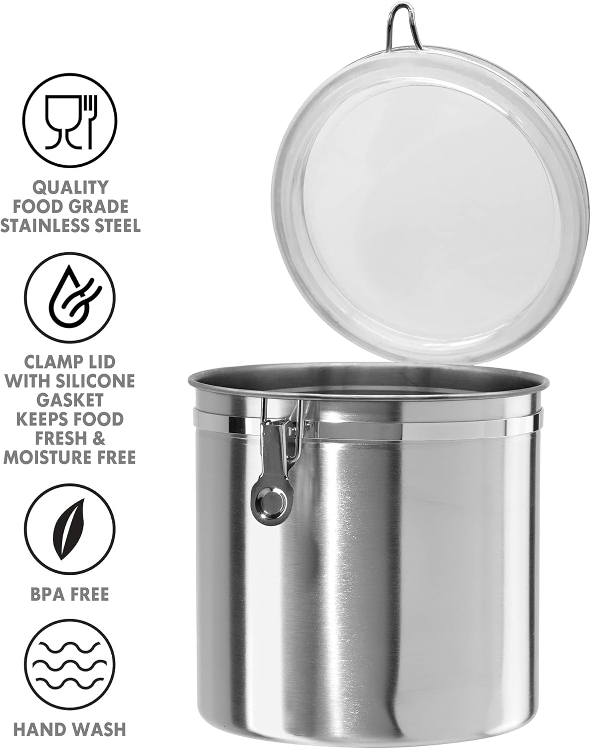 Oggi Stainless Steel Kitchen Canister 152oz + Oggi Jumbo 8" Stainless Steel Flour Clamp Canister