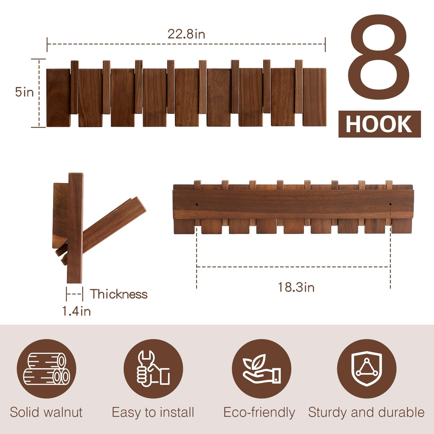 QUELLANCE Wood Coat Rack Wall Mount, Coat Hooks Hanger Wall Mounted, Heavy Duty Wall Coat Rack with