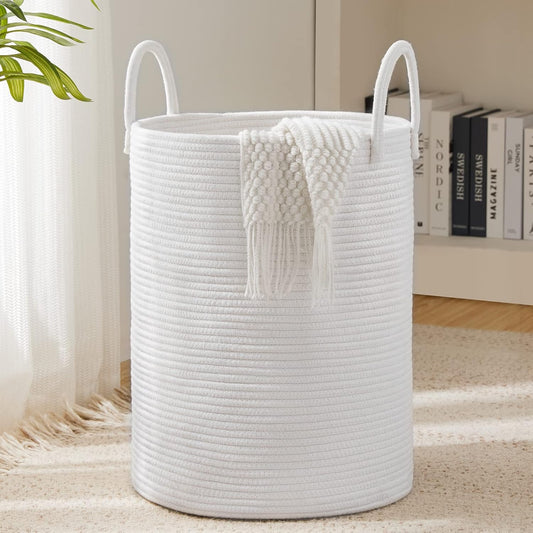 Woven Rope Laundry Hamper Basket by YOUDENOVA, 72L Tall Luandry Basket, Baby Nursery Hamper for Blanket Storage in Bedroom-Large-Pure White