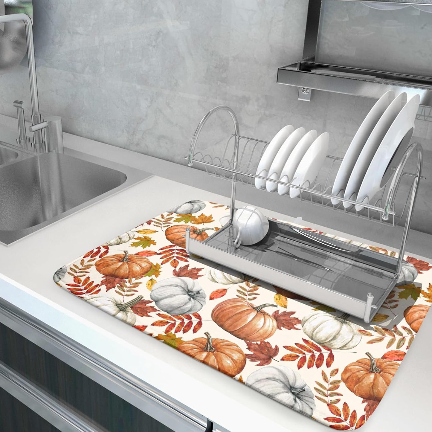 Fall Dish Drying Mat for Kitchen Counter 16x18 Inch Autumn Pumpkins Maple Leaves Drying Mats Thanksgiving Absorbent Reversible Dish Pad Fast Dry Drainer Mat Protector for Countertop Coffee Bar