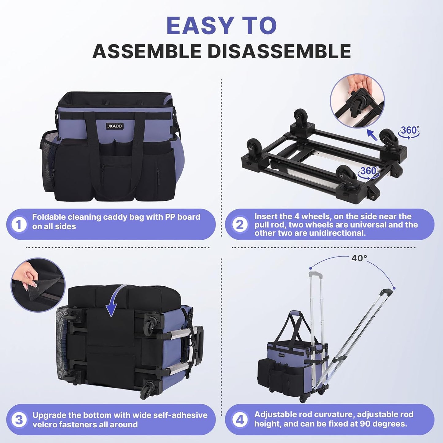 Large Rolling Cleaning Caddy Bag with Detachable Trolley, Waterproof Cleaning Caddy on Wheels for Housekeepers, Cleaning Cart Supplies Organizer for Home,Car,Office,Picnic (Denim Blue)(InPatent)