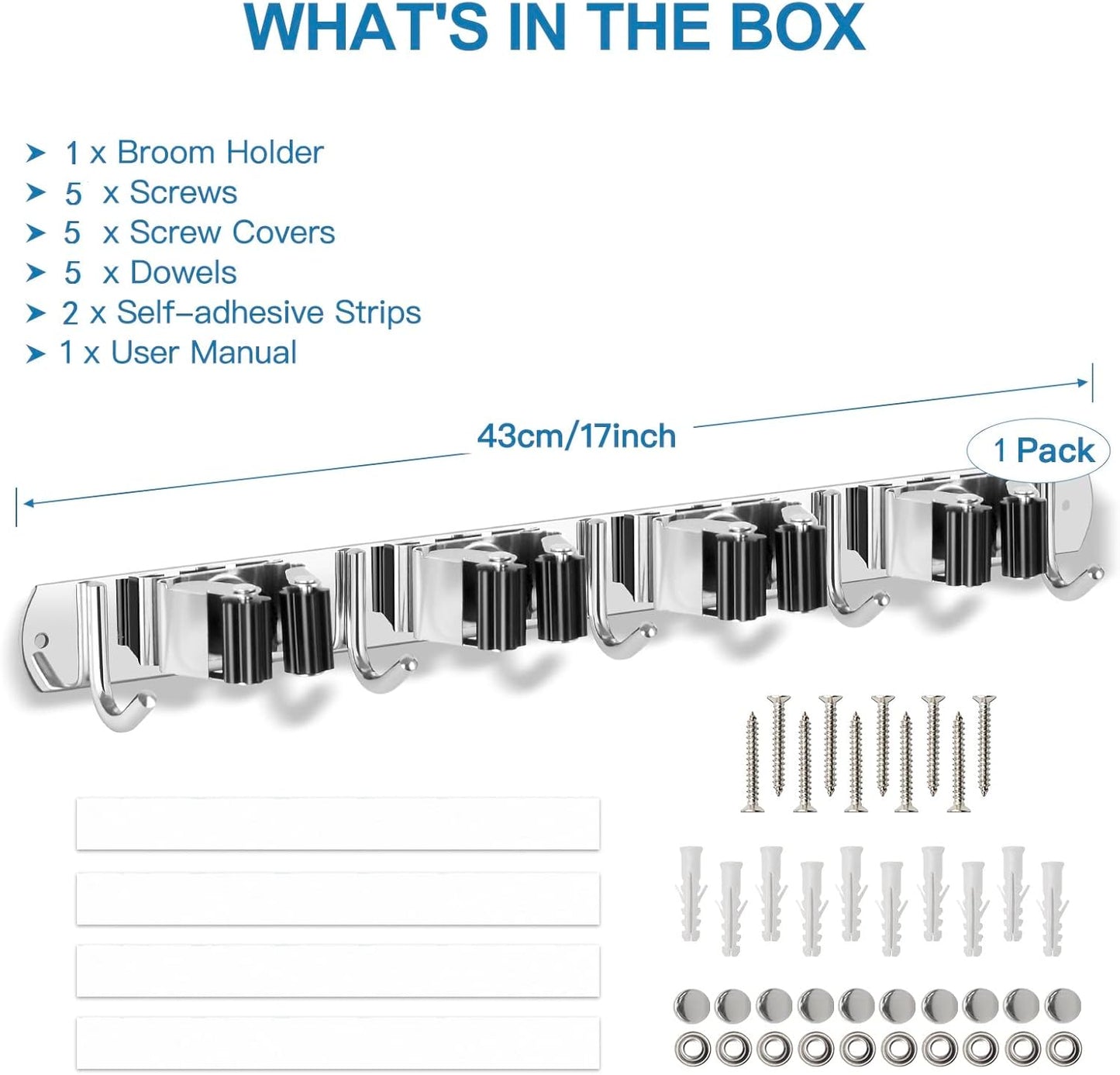 IMILLET Broom Holder Wall Mounted, Stainless Steel Broom Mop Holder Self Adhesive Heavy Duty Hooks Storage Organizer for Home Laundry Room Garden Garage Closet Kitchen 1 Pack（4 Racks with 5 Hooks）