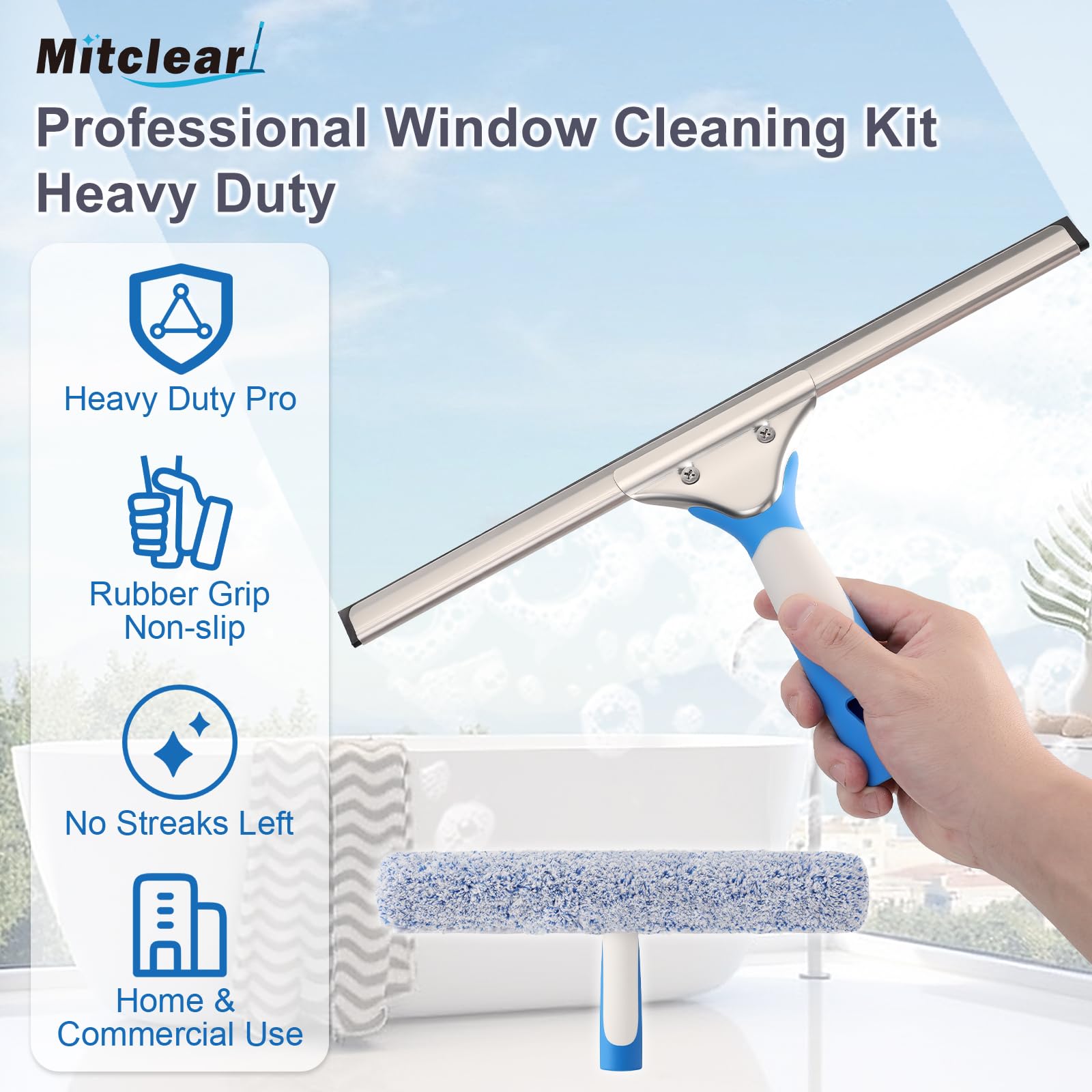 Mitclear Window Cleaning Kit 14IN Squeegee & Scrubber for Shower Glass Car