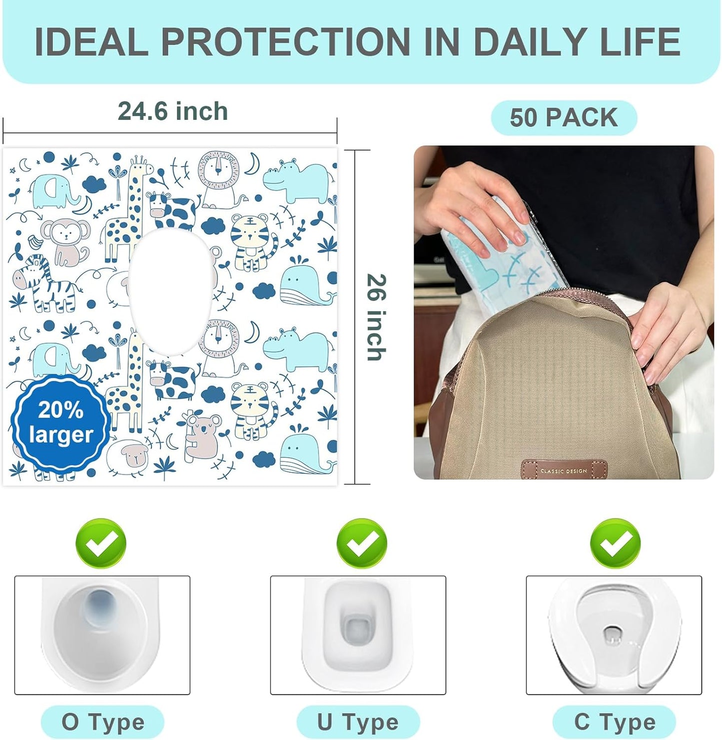 Toilet Seat Covers Disposable, 50 PCS Extra Large Waterproof Toilet Potty Seat Covers for Toddlers, Kids Potty Training, Potable Potty Seat Covers Travel Essentials for Airplane, Public Restroom,Trip