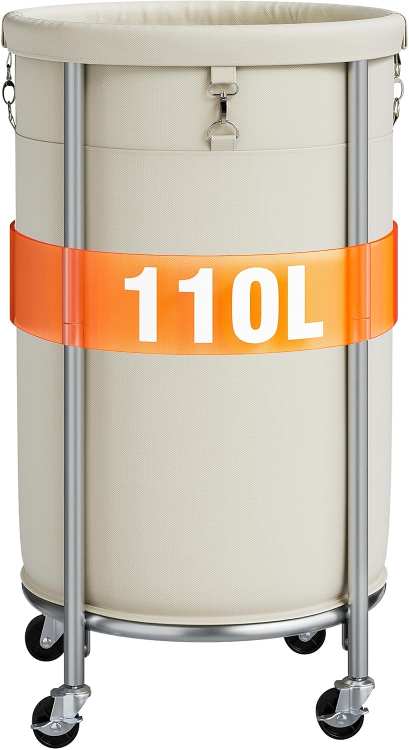 ELYKEN Laundry Hamper with Wheels, 110L Rolling Laundry Basket, Round Laundry Cart with Steel Frame and Removable Bag, 4 Casters and 2 Brakes, Dirty Clothes Hamper for Hotel, Home, Closet, Dorm, Cream