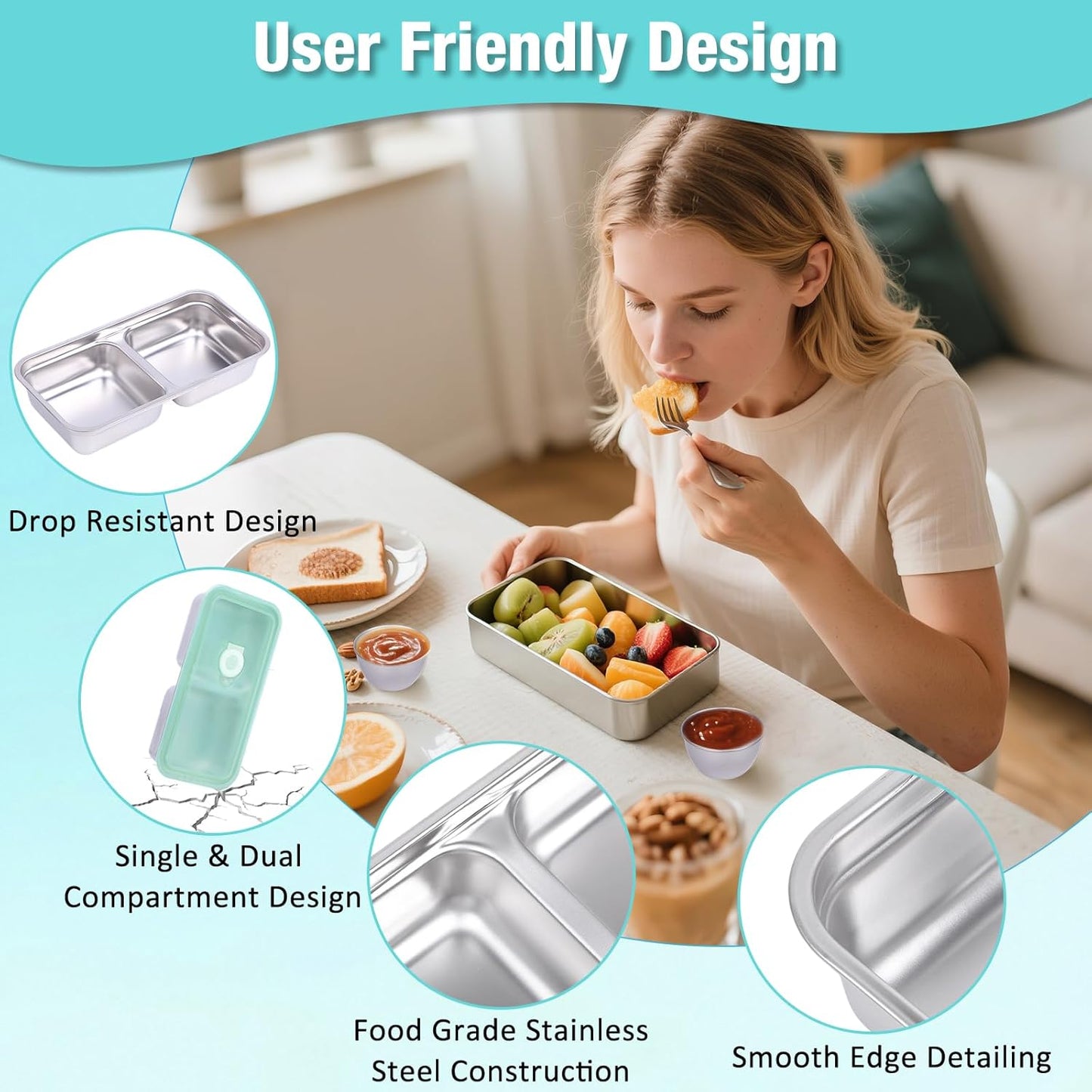 6 Pack Stainless Steel Snack Containers with Lids, 2-Compartment Bento Box, Lunch Box & Salad Dressing Container To Go, Leakproof Food Storage for Adults, Dishwasher Safe for Travel Office