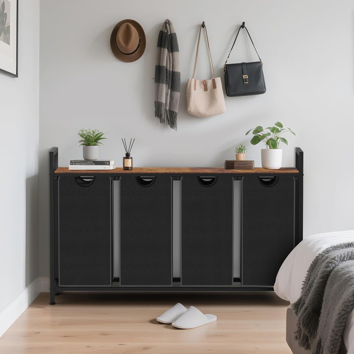 Laundry Hamper, Laundry Sorter with 4 Pull-Out Removable Oxford Fabric Bags Cloth Laundry Basket 4 x 10 Gallons (Black and Rustic Brown)