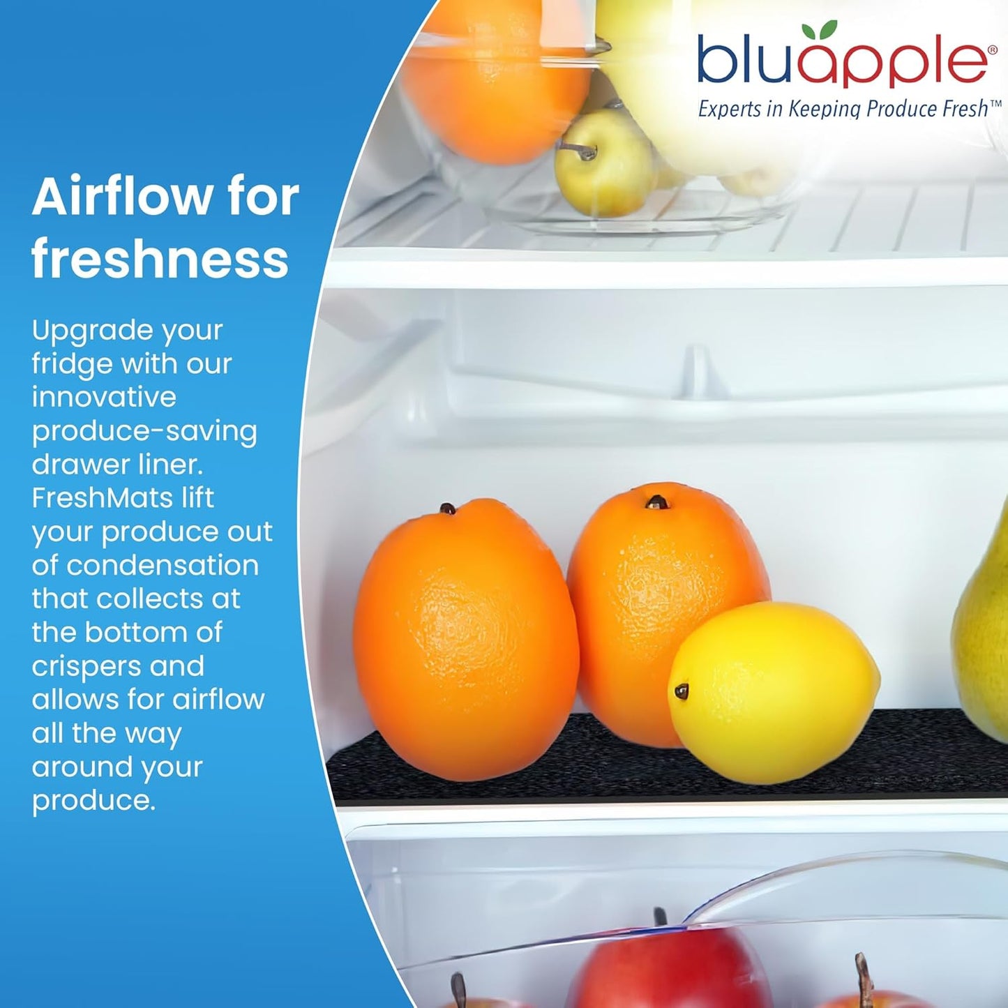 Bluapple FreshMats, Refrigerator Bin Liner, Fridge Drawer Mats, Crisper Life Extender Liner Keeps Produce Fresh Longer, Anti-Bruising, for Air Circulation, Washable & Reusable (4-Mats, 12x15, Black)
