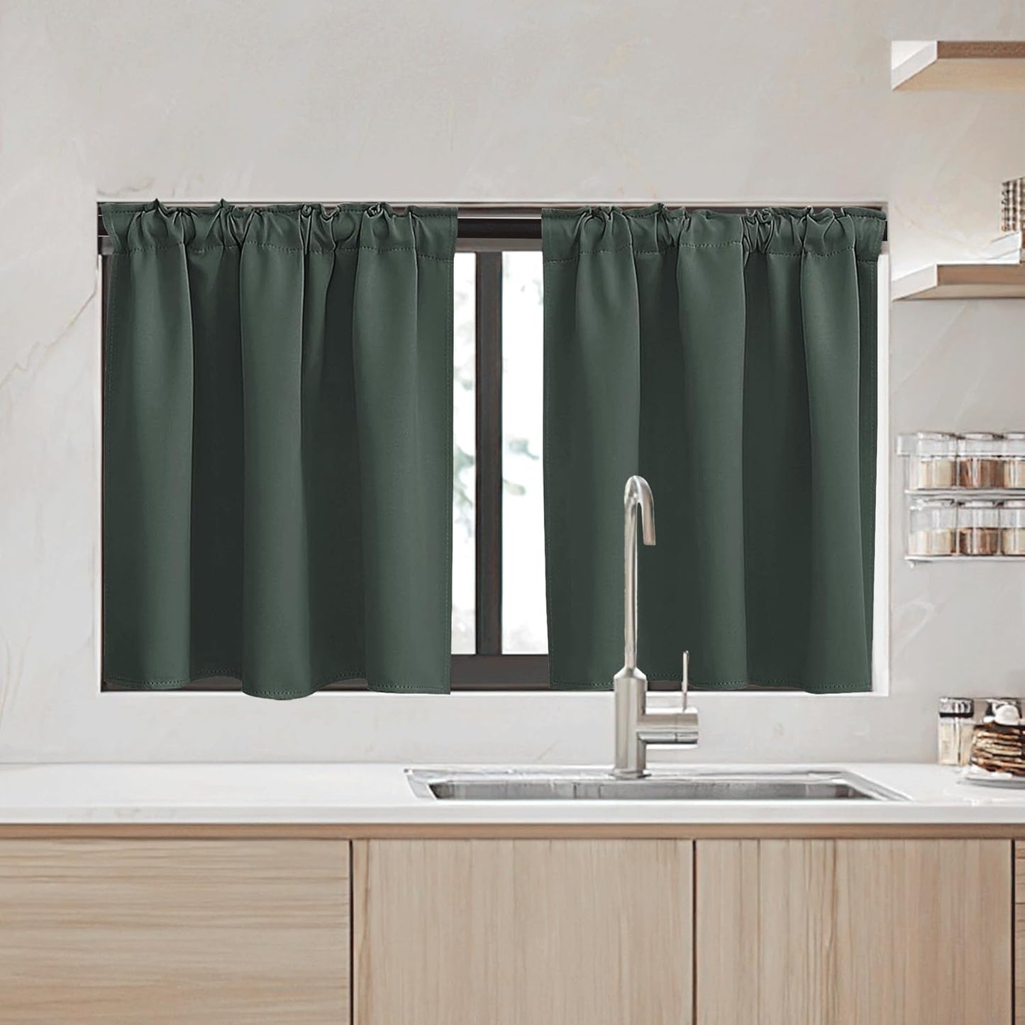 RYB HOME Short Blackout Curtains 36 inches Length for Cafe - Insualting Privacy Curtains for Kids Bedroom Kitchen Bathroom Basement Cabinet Tiers Drapes, 34 Width x 36 Length, 2 Panels, Dark Green