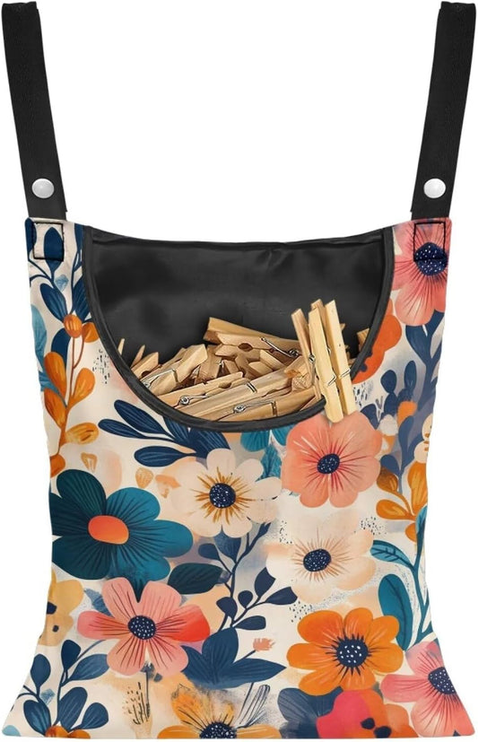 Colorful Gorgeous Flowers Rotatable Clothespin Storage Bag - Large Opening Waterproof Organizer for Laundry Room, Garden and Clothesline Hanging