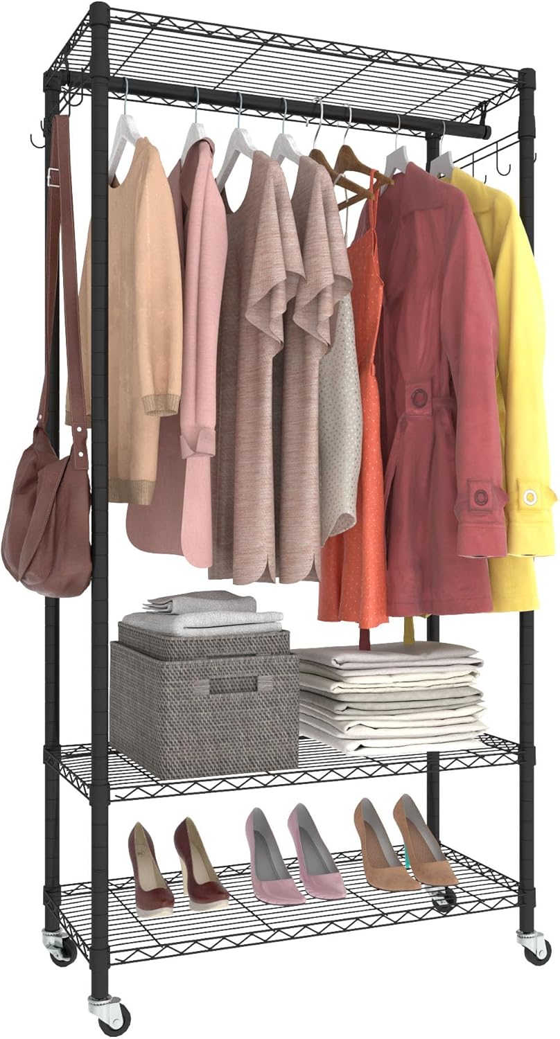 Rolling Portable Garment Rack,Freestanding Clothes Racks, Portable Closet Wardrobe with 3 Adjustable Wire shelves,2 Side Hooks, Black