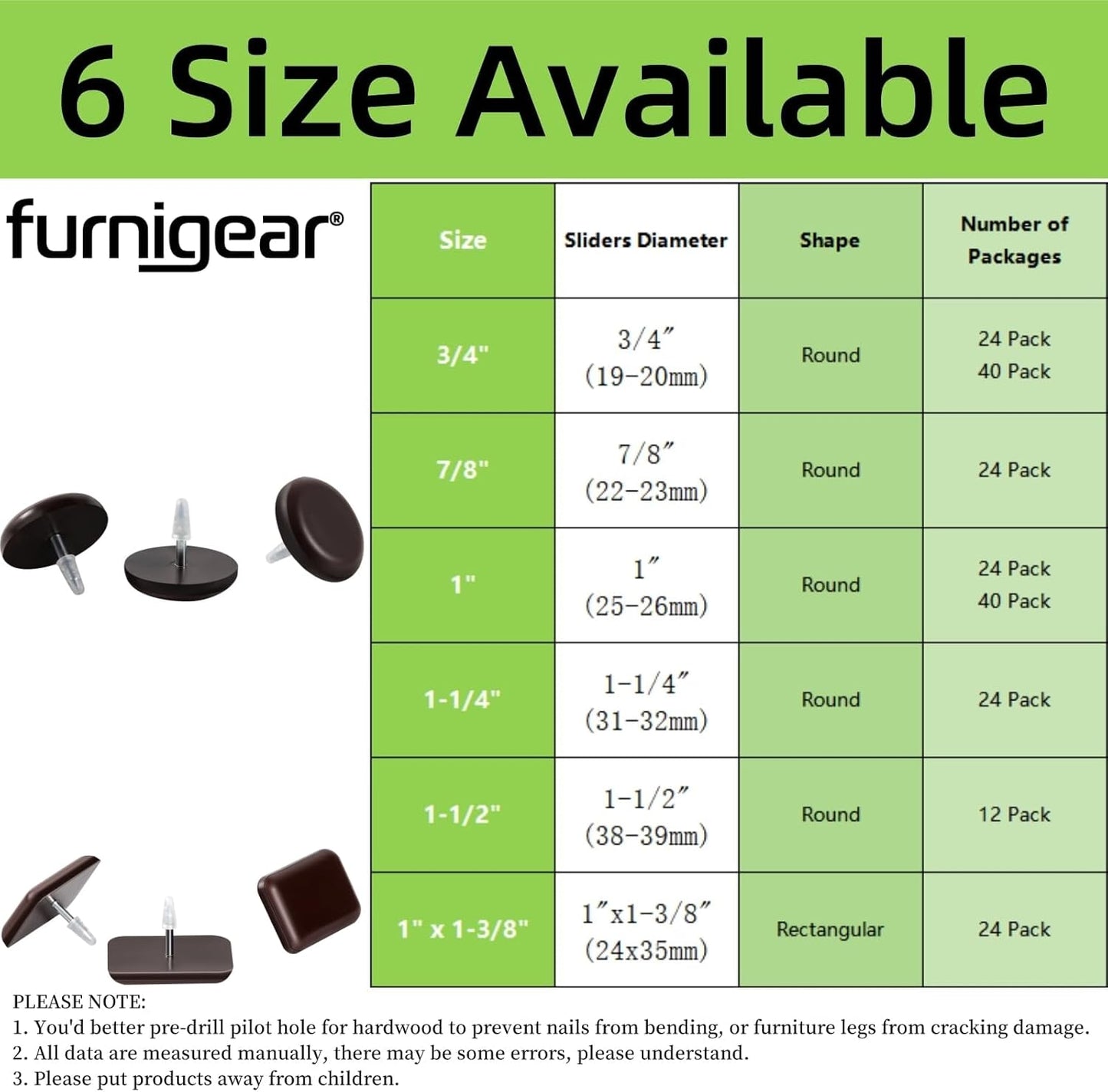 Furniture Glides Sliders-Furnigear PTFE (Teflon) Chair Leg Movers Sliders for Carpet and Hardwood Surface - Move Your Furniture Easily & Safely - Best Floor Protector (1-1/2", Brown-12pack)
