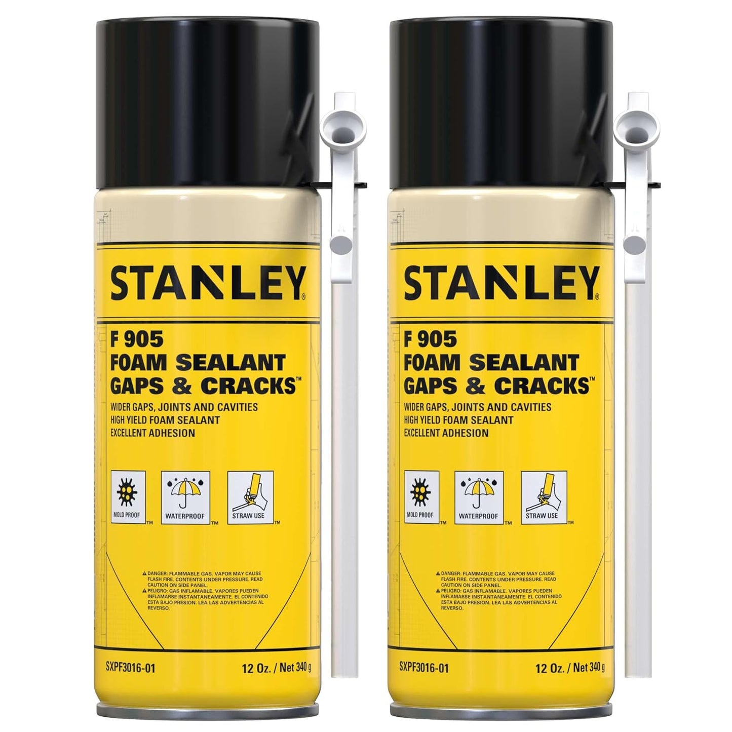 Stanley F905 Gaps & Cracks Sealant (2x12 Oz.) – Polyurethane Spray Foam Insulation for Window & Door, Waterproof Gap Filler, Low Expansion Foam for Indoor & Outdoor Use | Straw Use | 12 Oz. 2 Pack