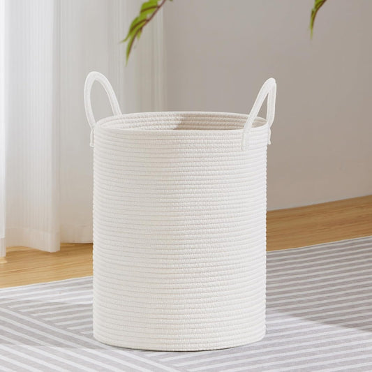 VIPOSCO Large Laundry Hamper, Tall Woven Rope Storage Basket for Blanket, Toys, Dirty Clothes in Living Room, Bathroom, Bedroom - 53L White