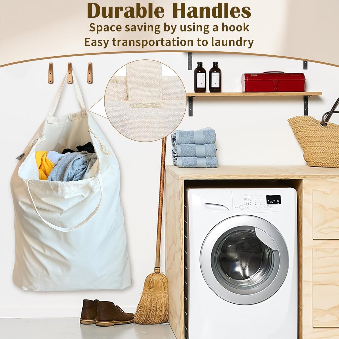 Canvas Laundry Bag 33"x 35", Thick Cotton Laundry Bag with Handles & Drawstring, Extra Large Heavy Duty Washable Basket Liner Hamper Liner Canvas Storage Sack (Beige XL, 1 Pack)