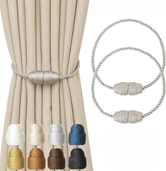 Magnetic Curtain Tiebacks - Rope Tiebacks for Curtains & Drapes, Decorative Window Holdbacks, Grey