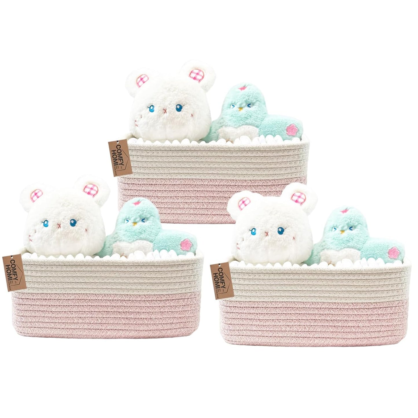 COMFY-HOMI 13" x 8.5" x 5.1" Storage Baskets for Organizing | Cotton Rope Woven Basket | Toy Storage Bin Box | Basket for Shelves, Closet Organizer Bin, Decorative Closet Shelf, 3 Pack, white/pink