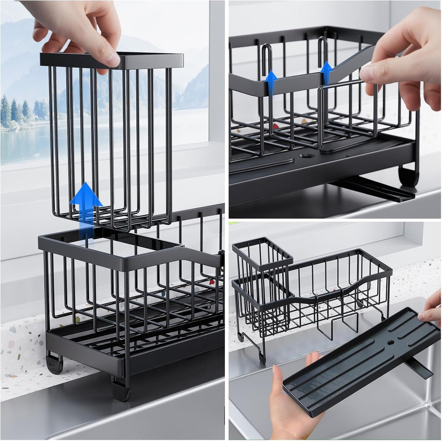 Maifan Kitchen Sink Caddy Organzier Sponge Holder for Kitchen Sink with High Brush Holder, Stainless Steel Rustproof Dish and Smiley Holder for Storage Countertop Essentials Accessories