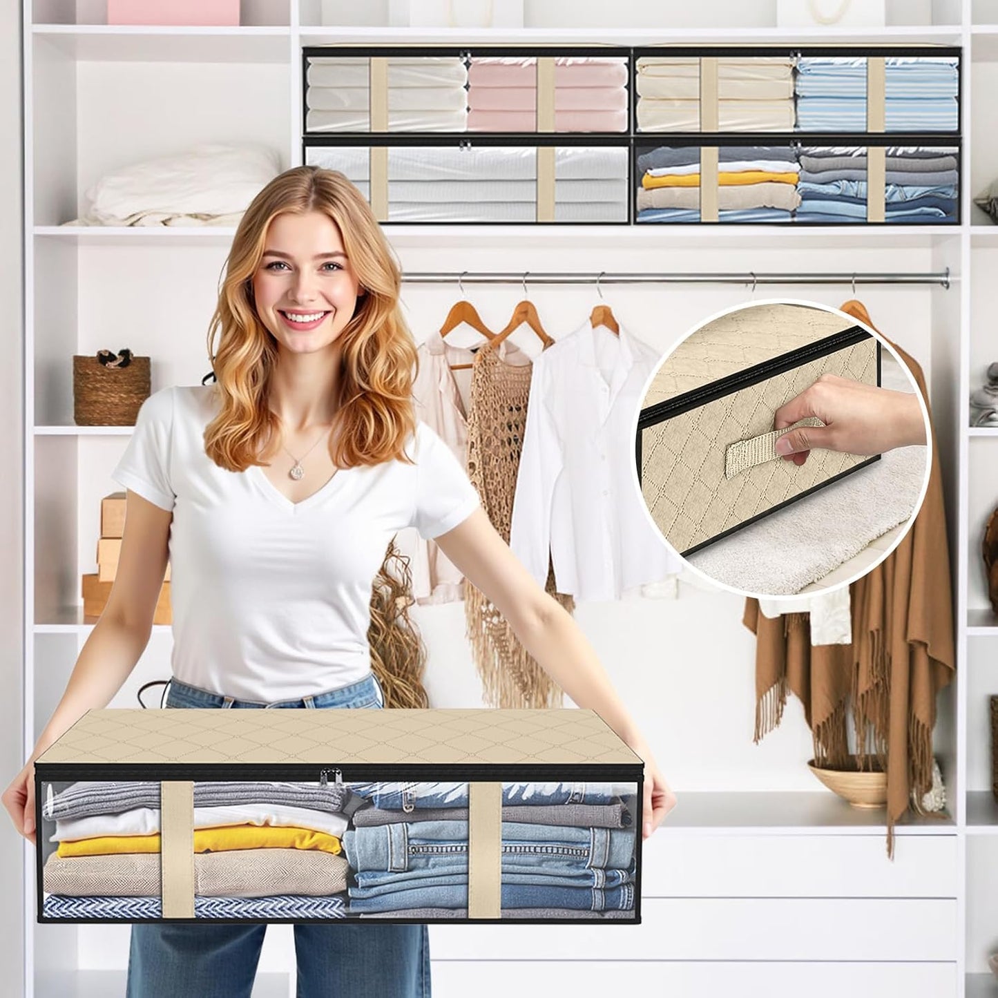 StorageRight Under Bed Storage Bins, 2-Pack 40L Foldable Fabric Storage Bags with Transparent Window, Breathable Organizer for Clothes/Blanket/Comforter/Quilts,Beige