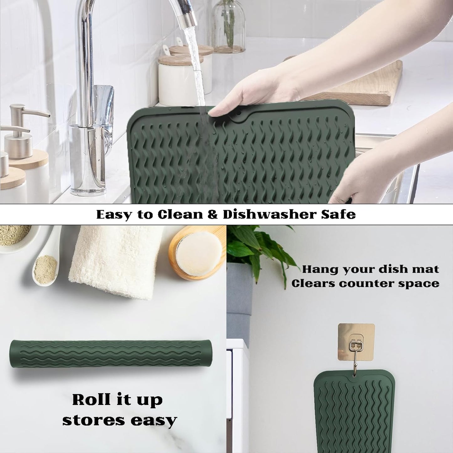ZLR Silicone Dish Drying Mat for Kitchen Counter, Eco-Friendly Fast Dry Dish Mat, Easy Clean Multi Usage Drying Matt, Heat Resistant Trivet, 12" x 12" Middle, Dark Green
