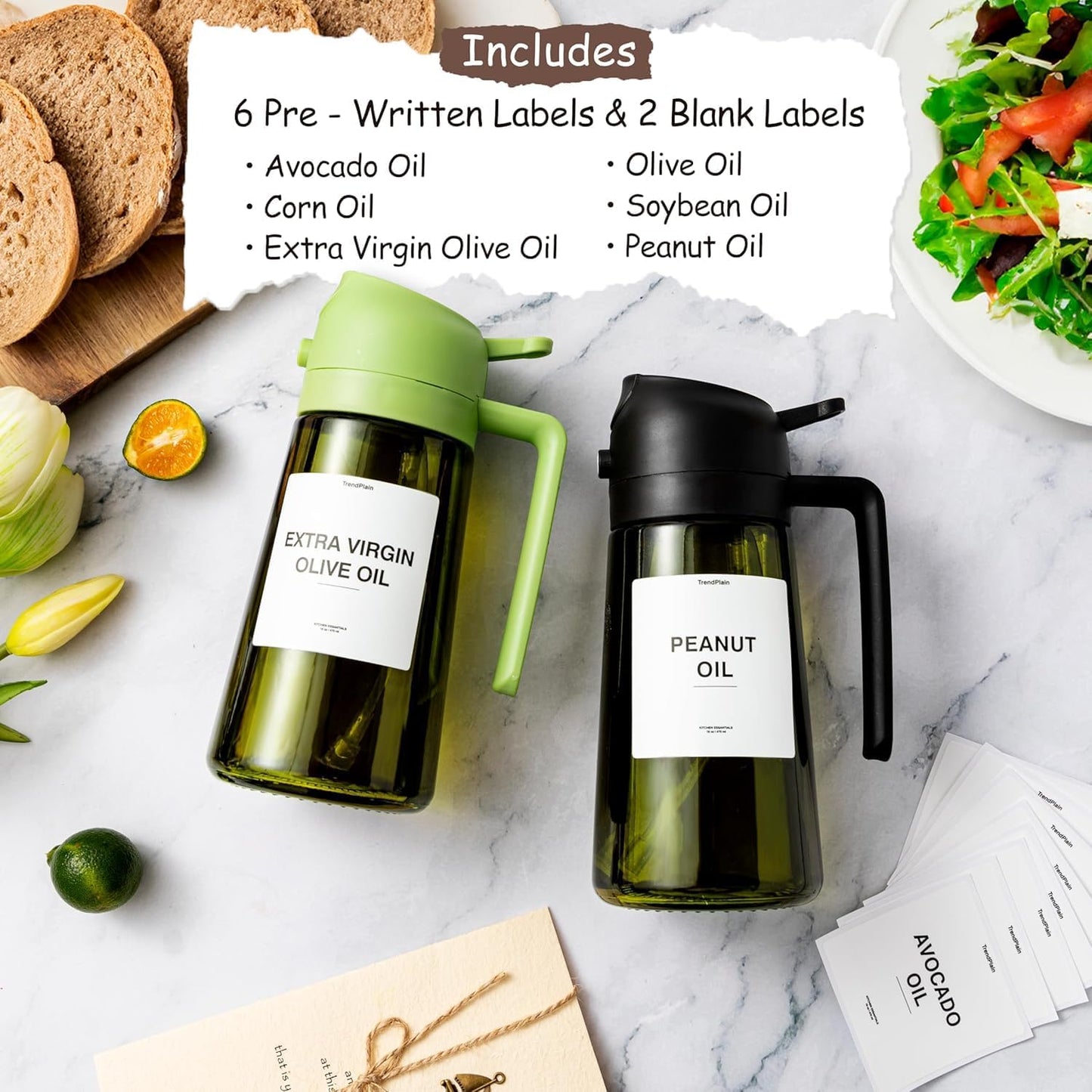 TrendPlain - Original 16oz/470ml Olive Oil Dispenser Bottle for Kitchen Gadgets and Air Fryer Accessories - Olive Oil Sprayer for Cooking w/Stickers - Black&Green