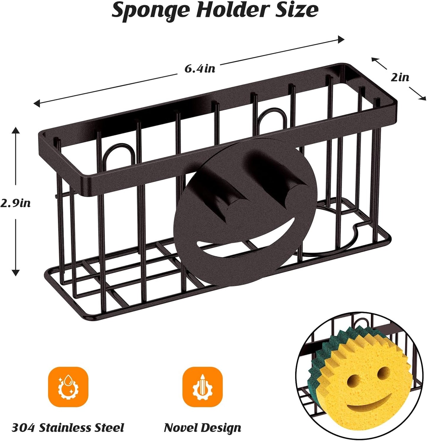 Sponge Holder Smiley Face,Sink Caddy,Sink Organizer with 2 Suction Cups/1 Adhesive Strips,Designed for Sponge,Soap,Dish Brush,Scrubber - Bronze