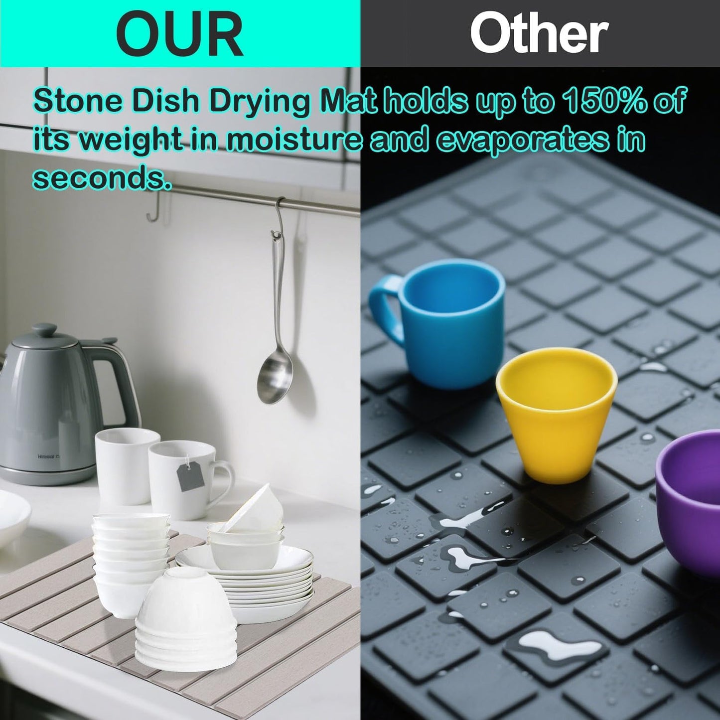 Foldable Stone Dish Drying Mat Fast Dry and Quickly Absorbed Collapsible Drying Mat, Protection Kitchen Counter，Kitchen Dishes Bottles Cups Match Any Countertop 23" x 16"