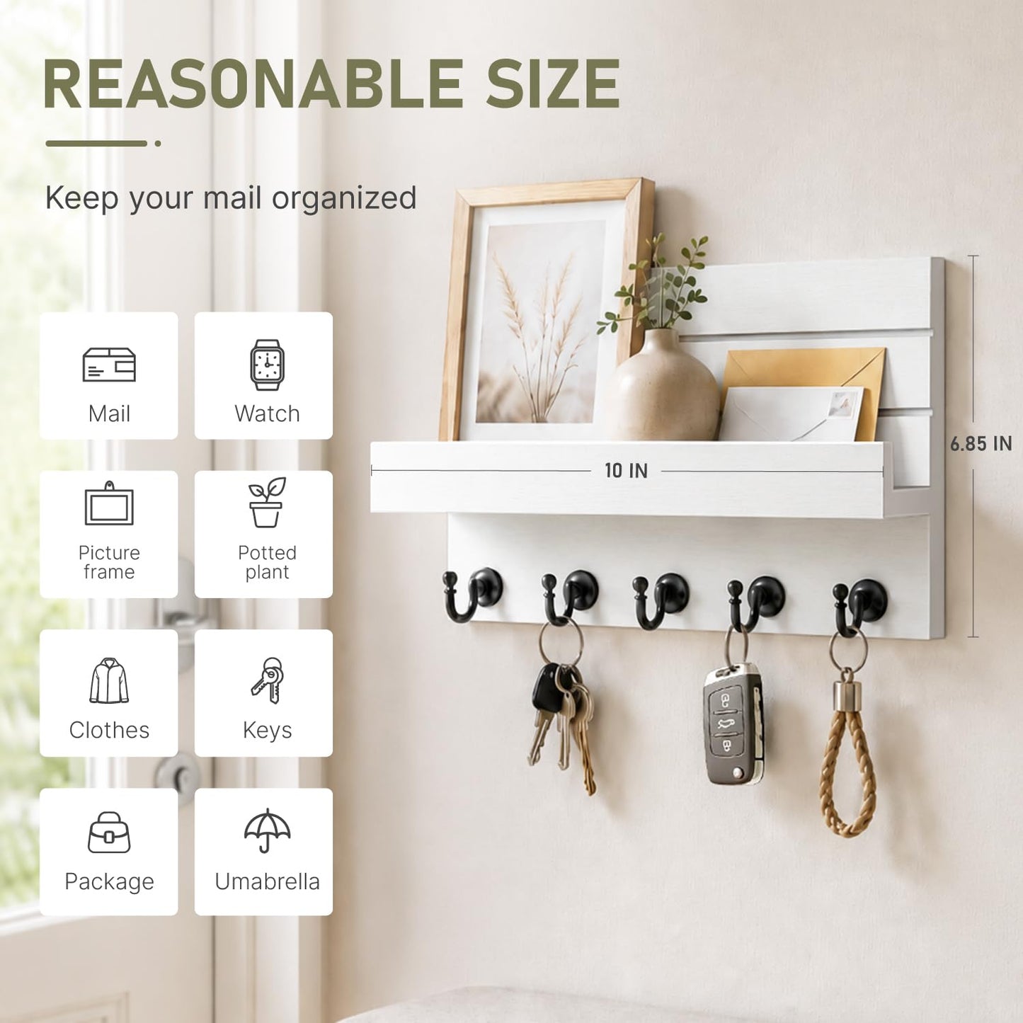 HONJIN Key Holder Wall Mount with Shelf and 5 Sturdy Key Hooks (White)