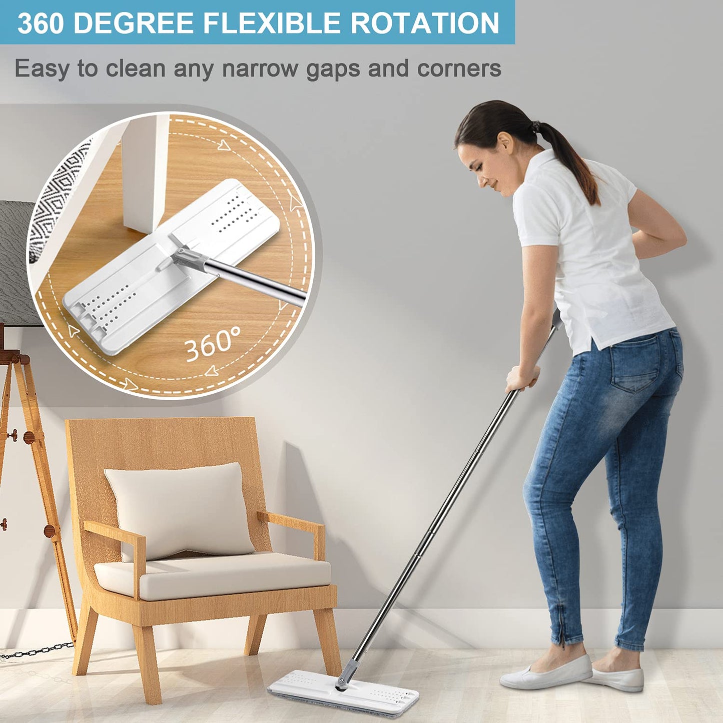 BOSHENG Mop and Bucket with Wringer Set, Hands Free Flat Floor Mop and Bucket, 3 Washable