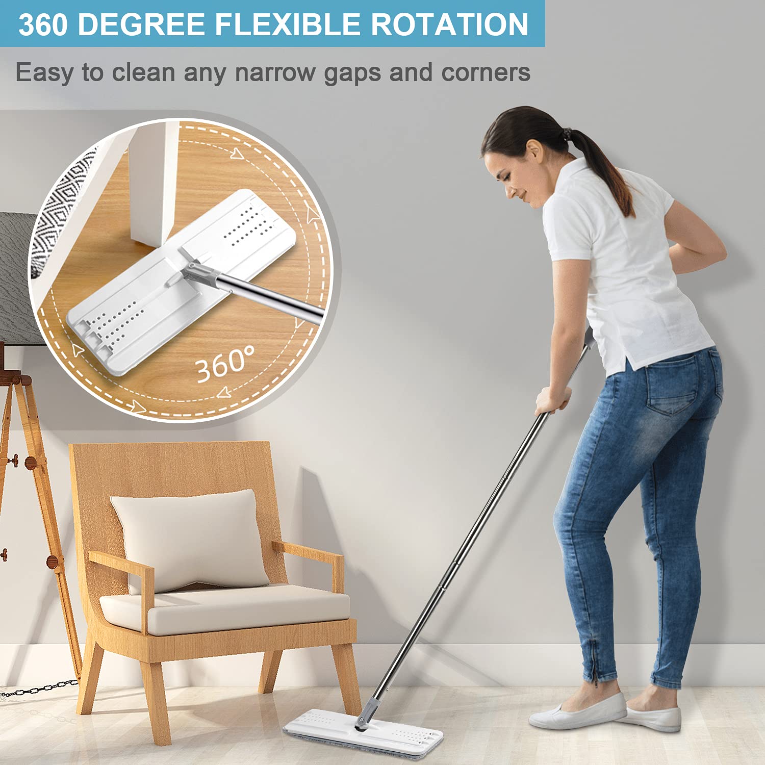 BOSHENG Mop and Bucket with Wringer Set, Hands Free Flat Floor Mop and Bucket, 3 Washable