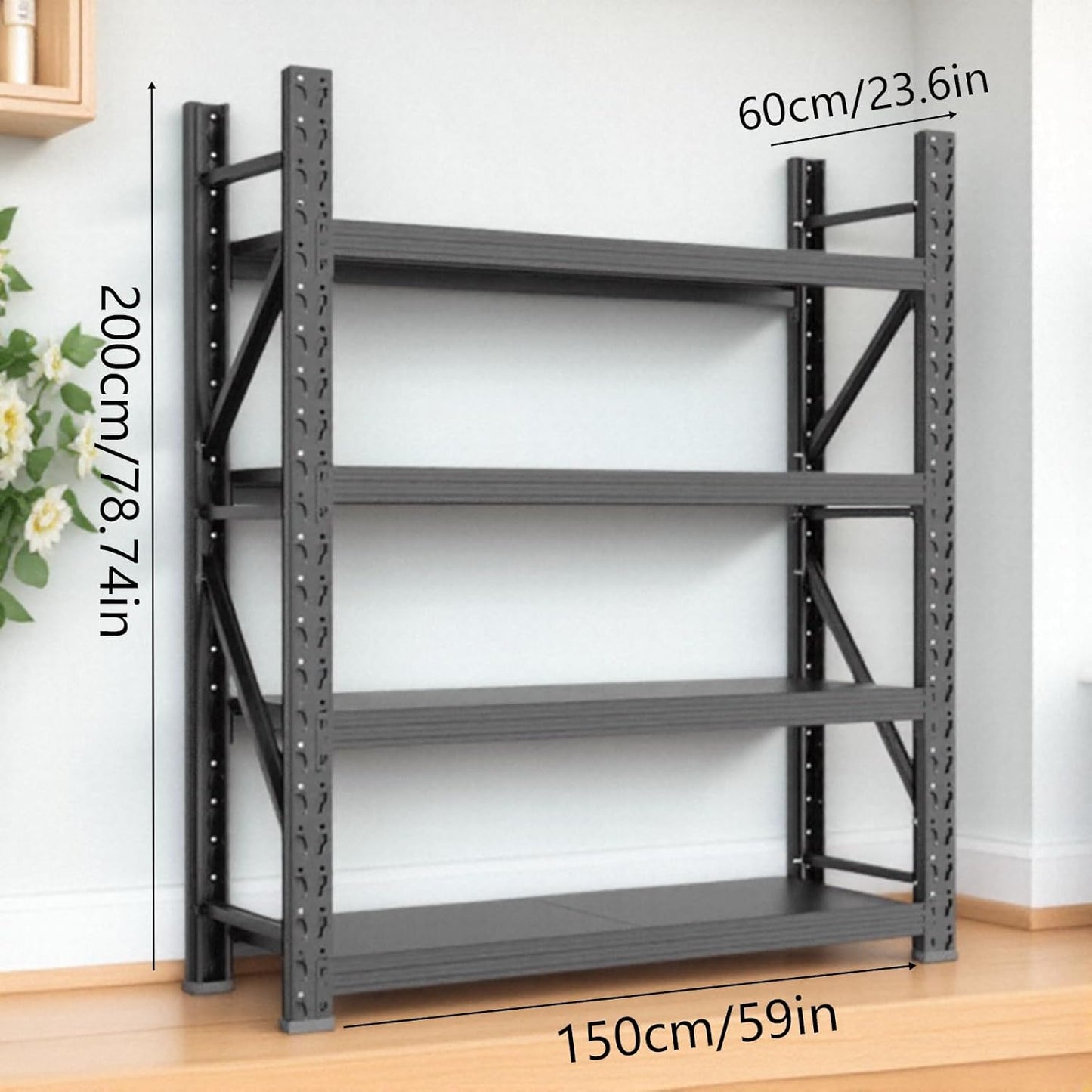 Storage Shelves Heavy Duty, Metal Garage Shelving Units, 4 Tier Storage Rack Shelf, Steel Industrial Shelving, Adjustable Standing Shelf for Basement/Warehouse (Black, W59.06*D23.6*H78.74)
