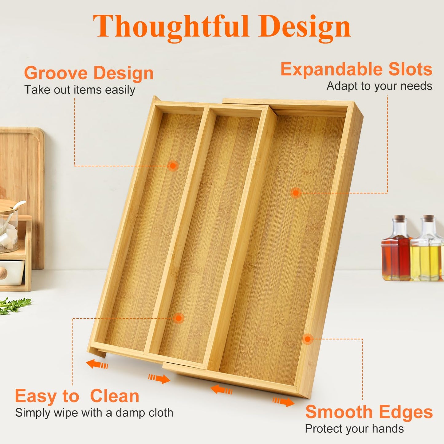 Large Bamboo Kitchen Utensil Drawer Organizer Expandable Silverware Tray