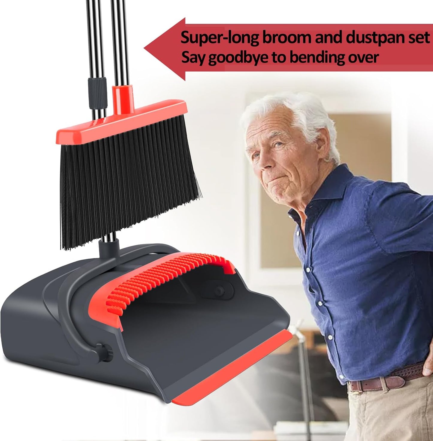 kelamayi Upgrade Broom and Dustpan Set, Broom with Dustpan Combo Set, Large Size and with Long Handle, Upright,Ideal for Indoor Outdoor Garage Kitchen Room Office Lobby Use (Black&Red)