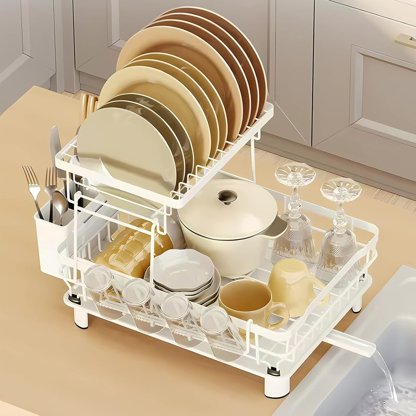 Dish Drying Rack, Space Saving & Durable, Rust-Proof Large 2 Tier Stainless Steel Dish Racks for Kitchen Counter with Cutlery & Cup Holder & Drainboard -White