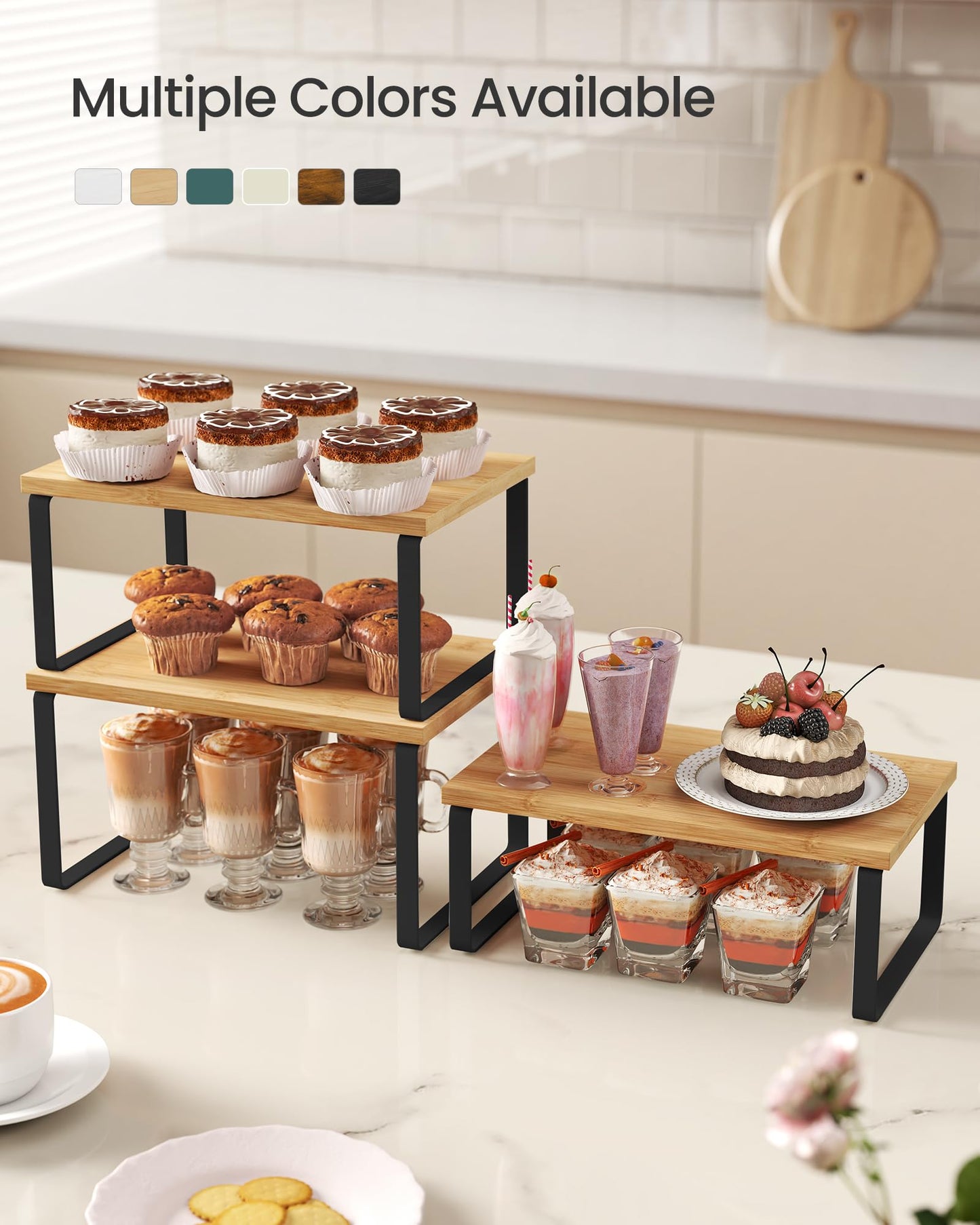 SONGMICS Cabinet Organizer Shelf, Set of 3 Kitchen Counter Shelves, Kitchen Storage, Spice Rack