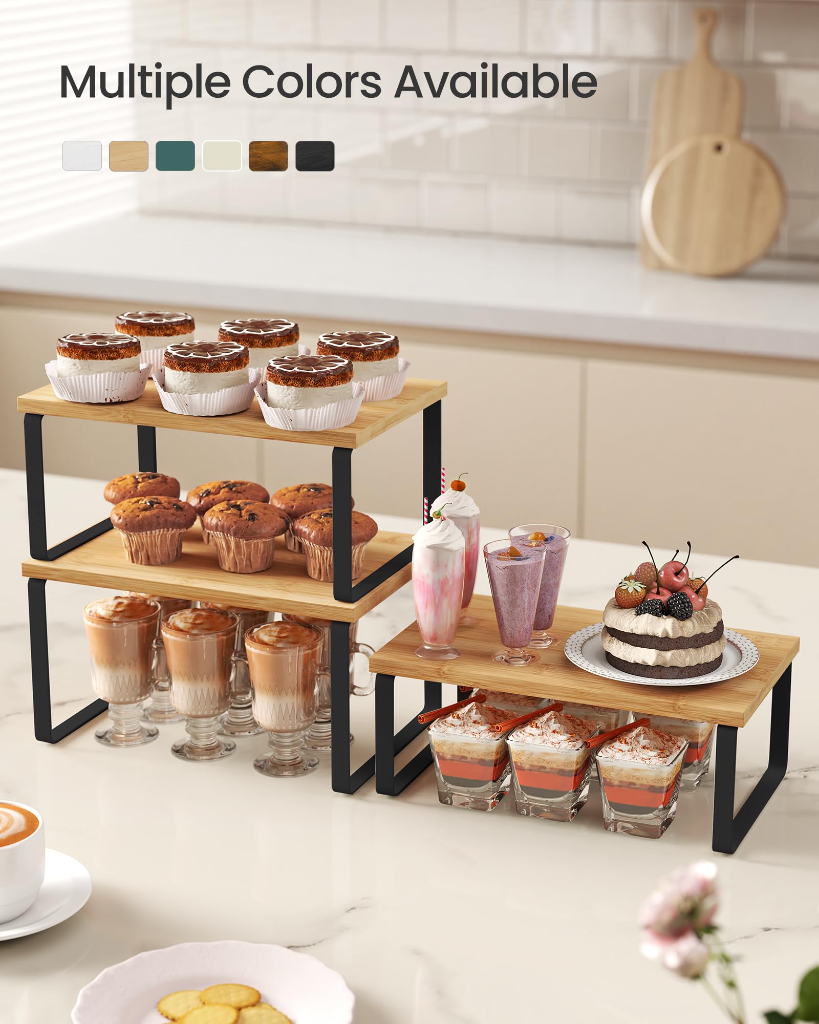 SONGMICS Cabinet Organizer Shelf, Set of 3 Kitchen Counter Shelves, Kitchen Storage, Spice Rack