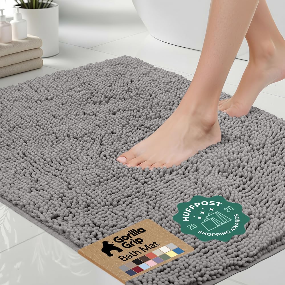 GORILLA GRIP Bath Rug Mat, Thick Soft Absorbent Chenille, Quick Dry Microfiber Mats, Rubber