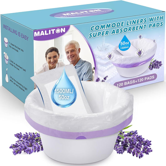 Maliton 120 Commode Liners with Absorbent Pads, Portable Toilet Bags for Bedside Commode Toilet, Lavender Scent Leakproof Bags Fit Most Commode Chairs and Potties (120 Potty Bags+120 Potty Liners)