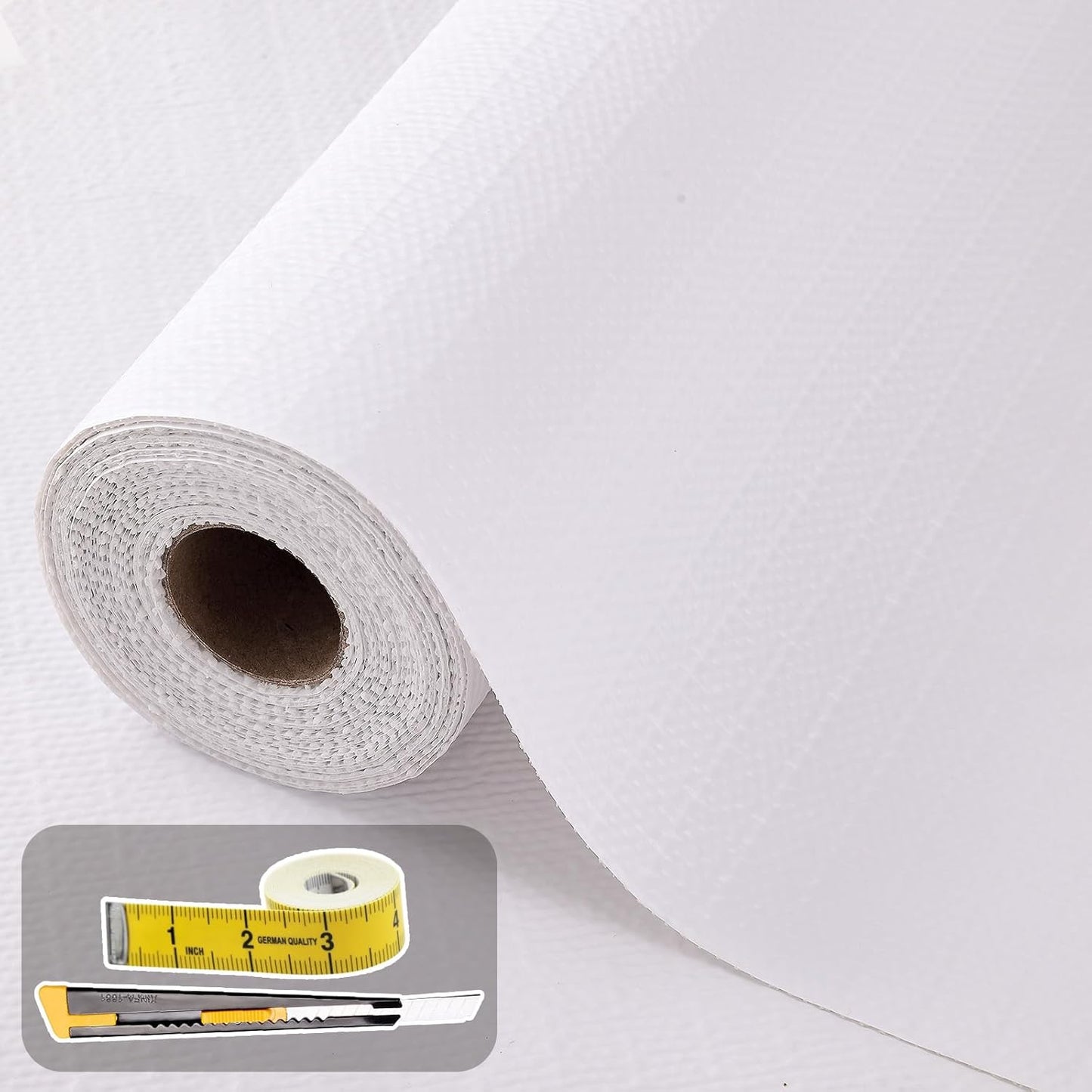Shelf Liners for Kitchen Cabinets 12in x 20FT Non Adhesive Drawer Liner White Thickened Shelf Liner Paper Strong Non-Slip Easy to Clean for Tool Box Refrigerator with Knife and Tape Measure