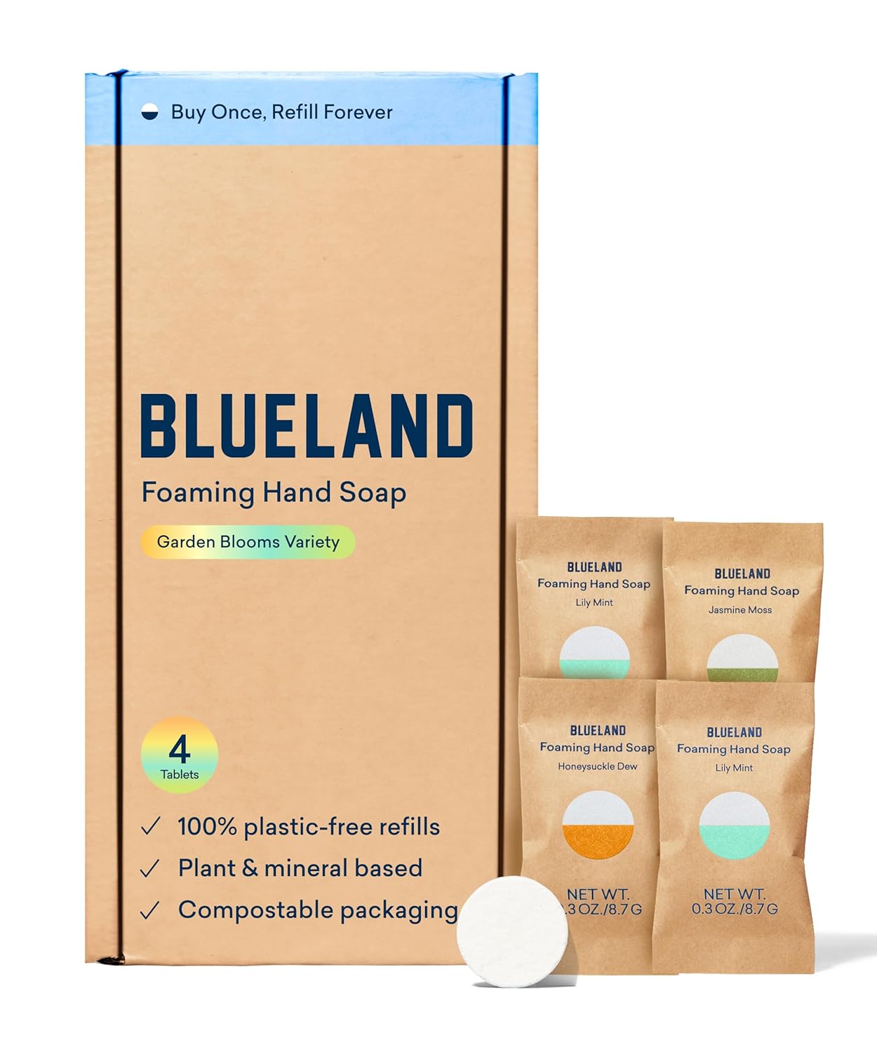 BLUELAND Foaming Hand Soap Refill Tablets, 4-Pack, Garden Blooms Variety Scents, Eco Friendly Cleaning Products, 4 x 9 Fl oz