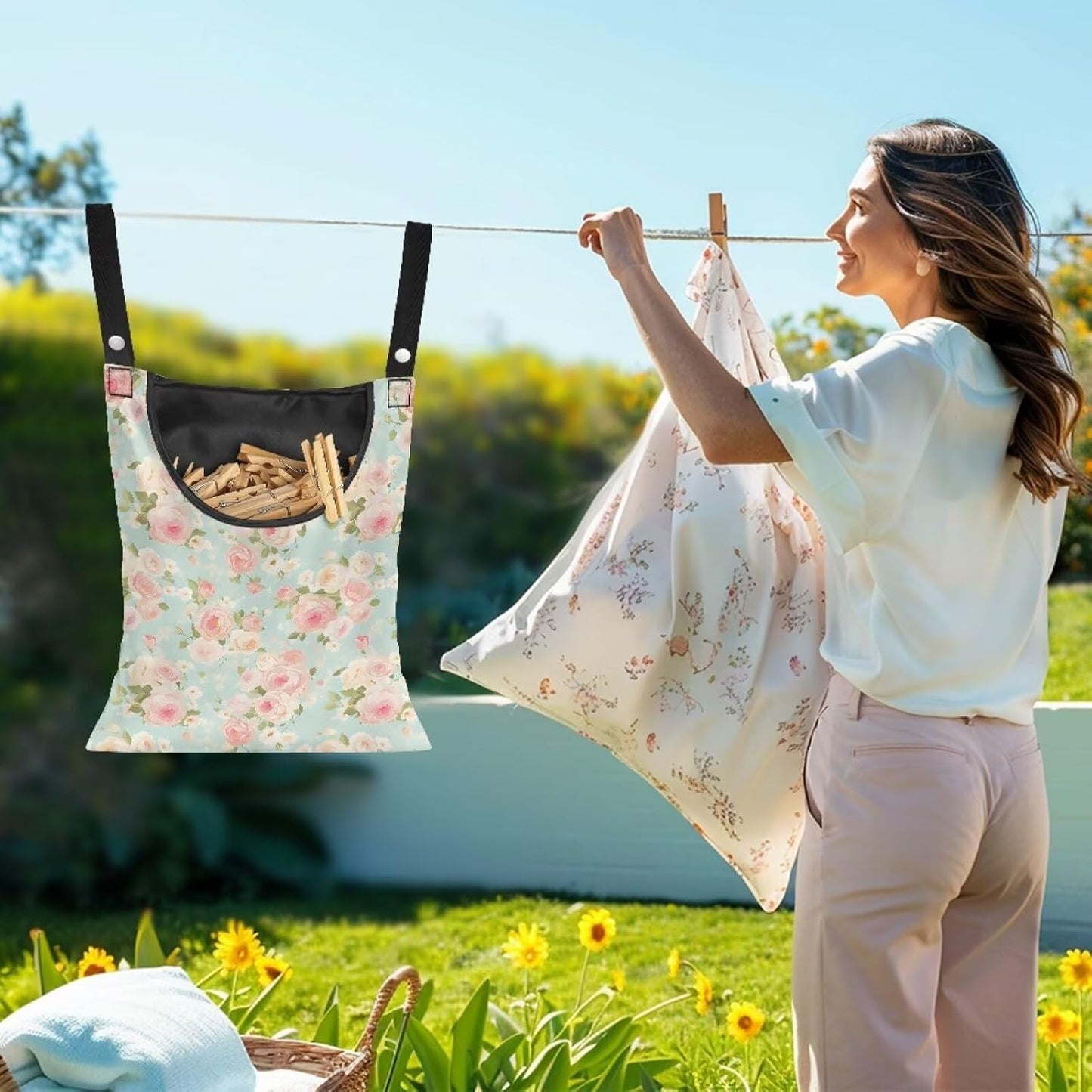 Clothes Pin Hanging Bag, Large Capacity Clothespin Bag Clothes Pin Hanging Bag Space-Saving Organize Clothespin Bag for Outdoor - Rose Pink Pattern