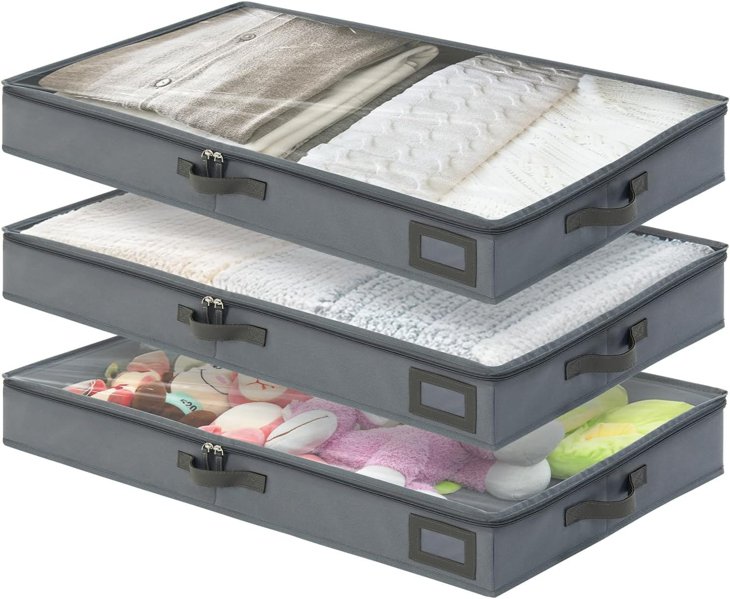 4-Inch Under Bed Storage Containers (3-Pack) | Sturdy Sidewalls | Clear Cover & Label Holder | Underbed Organizer for Crib/Couch | Stores Clothing/Blankets/Wrapping Paper/Toys