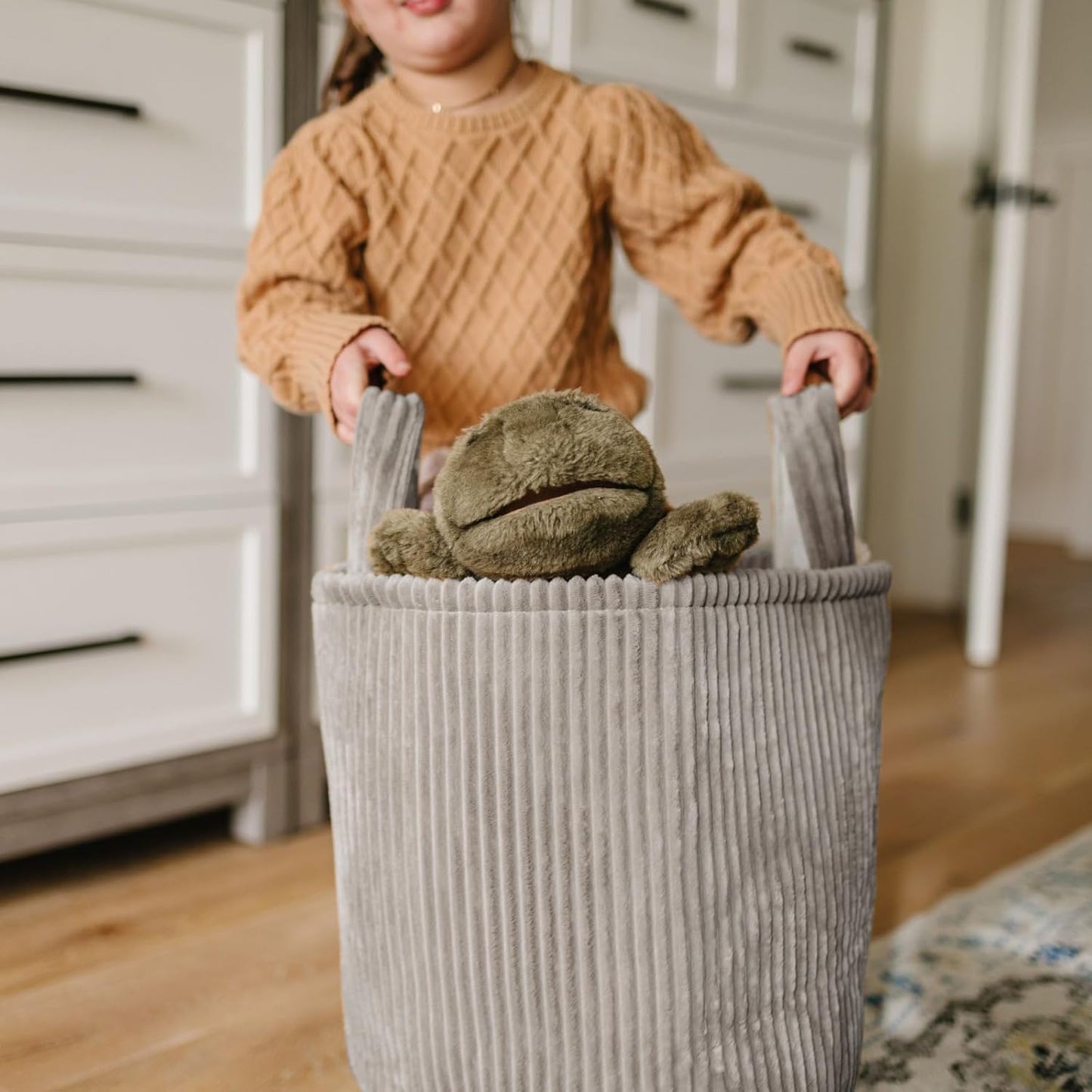 PUTSKA Blanket Basket – Round Storage for Toys and Blankets, Clothes, Stuffed Animals – Soft Baby Girl Basket for Nursery, Kids Room, Bedroom, Living Room – Large, Grey