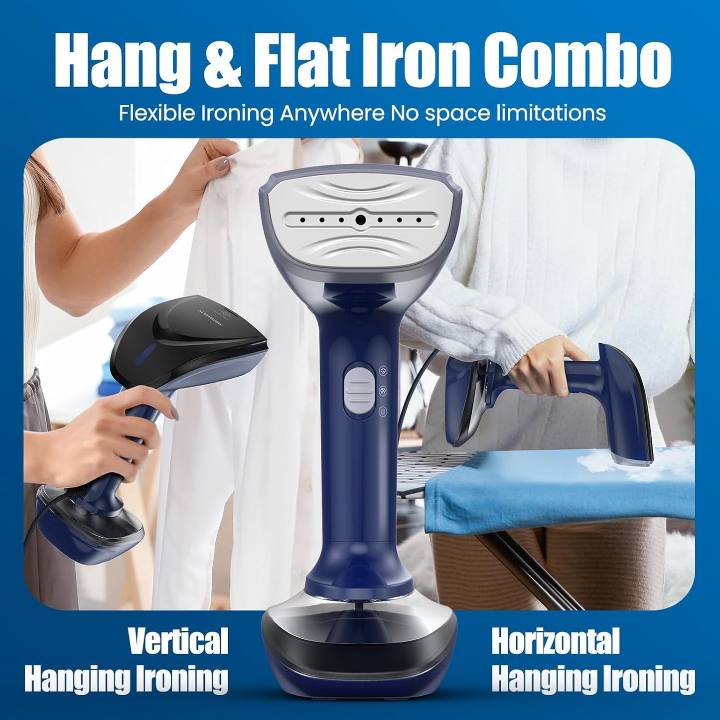 Powerful Handheld Fabric Steamer - 1800W with Fast Ceramic Heat-Up Plate, 2-in-1 Ironing & Wrinkle Remover, Steam Nozzle, Lint Brush - Blue, for US 120V Only